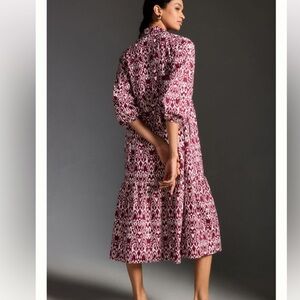 MAEVE NWT Boho Cottage 100% Cotton Wine/White Ikat Print 3/4 SLV Tiered Midi XS